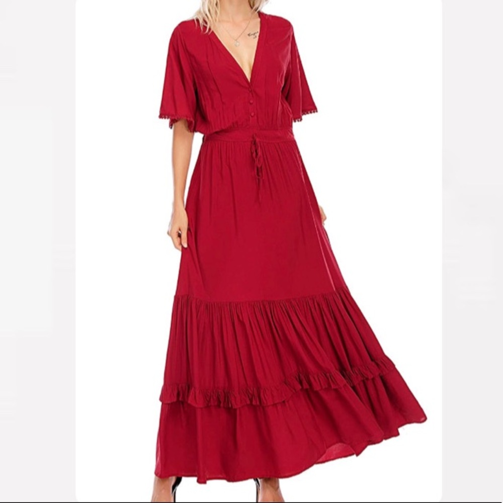Short Sleeve V Neck Casual Bohemian Maxi Dress - Picture 2 of 8